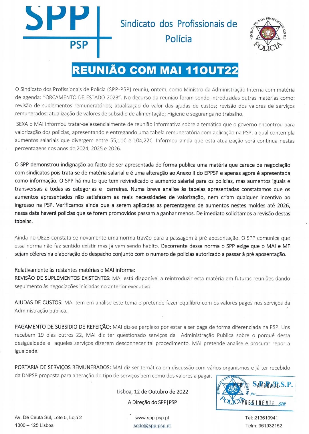 Reunião com o MAI - 11 de Outubro